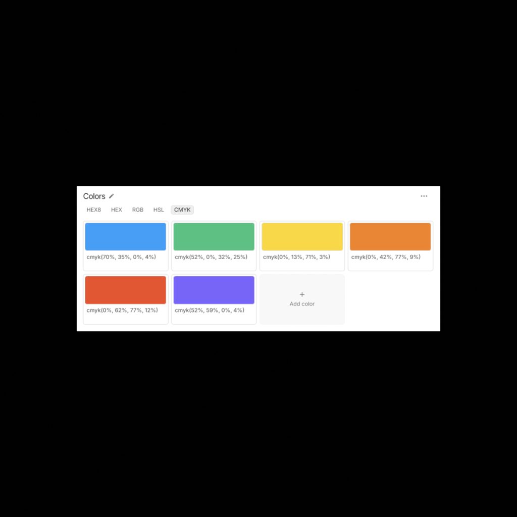 Brandy's interface displaying a color palette with corresponding values in HEX, HEX8, RGB, HSL, and CMYK formats, illustrating seamless integration for consistent brand representation across digital and print media.